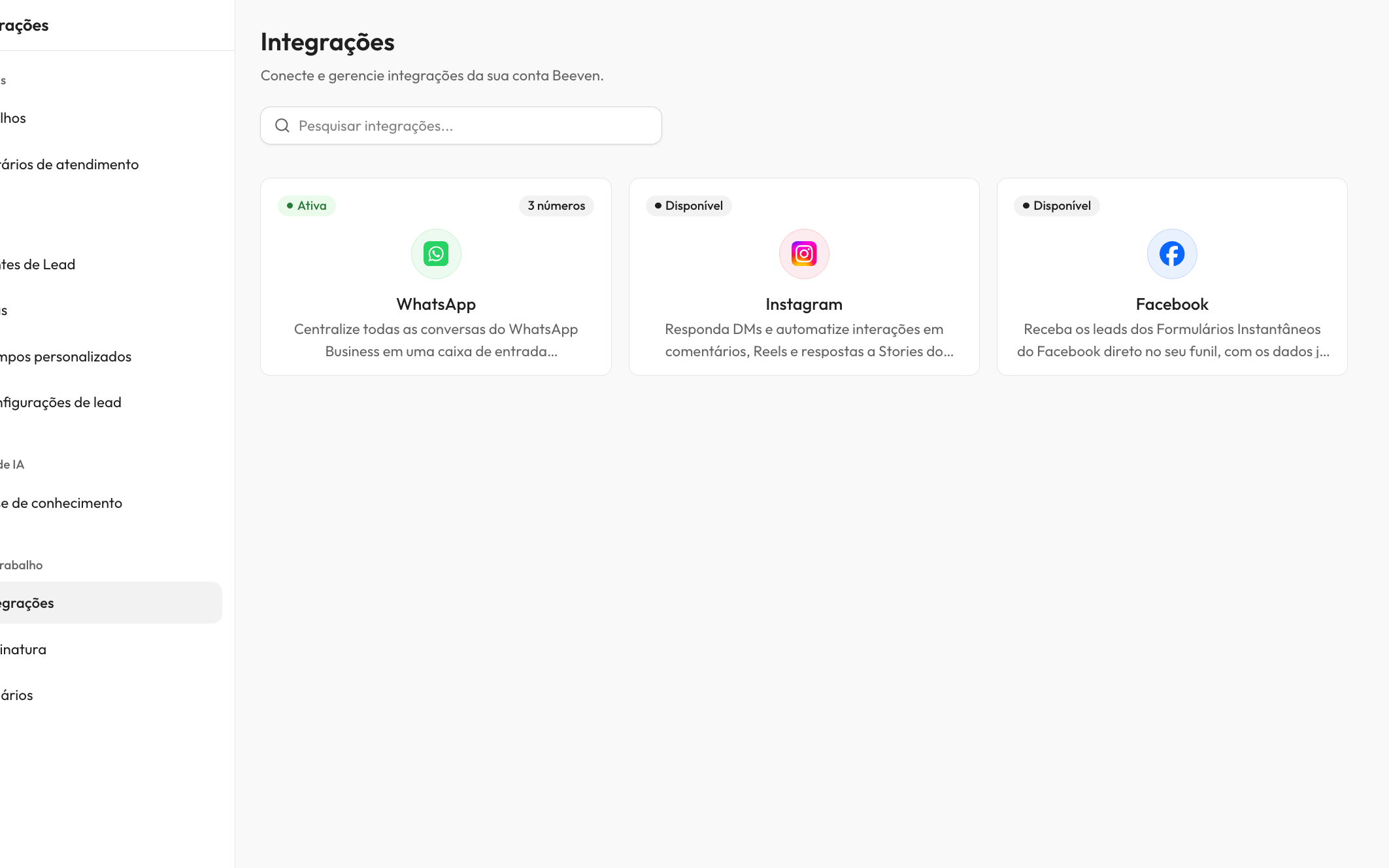 Integrações do Beeven: WhatsApp, Instagram e Facebook
